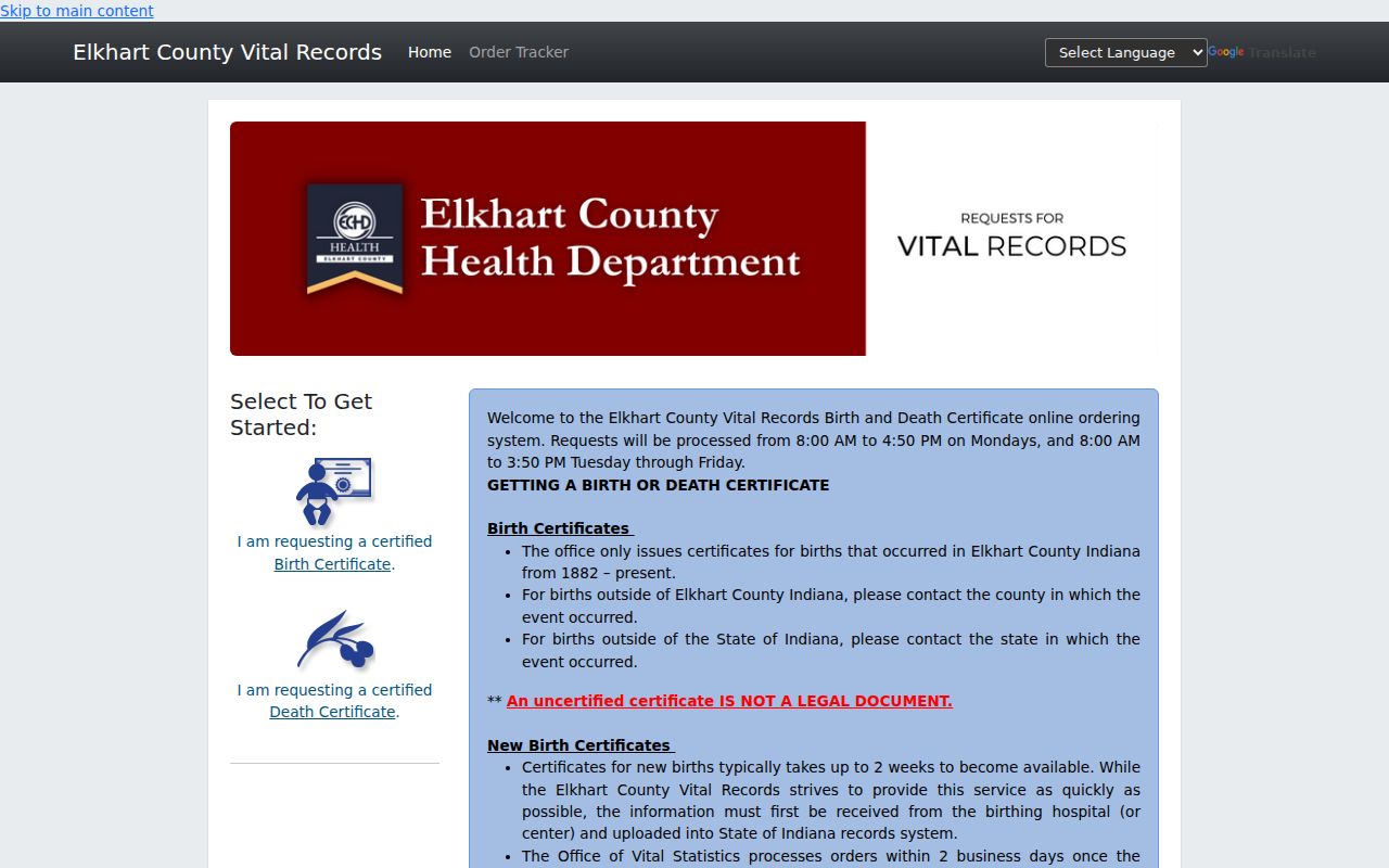 Elkhart residents directory vital records order portal