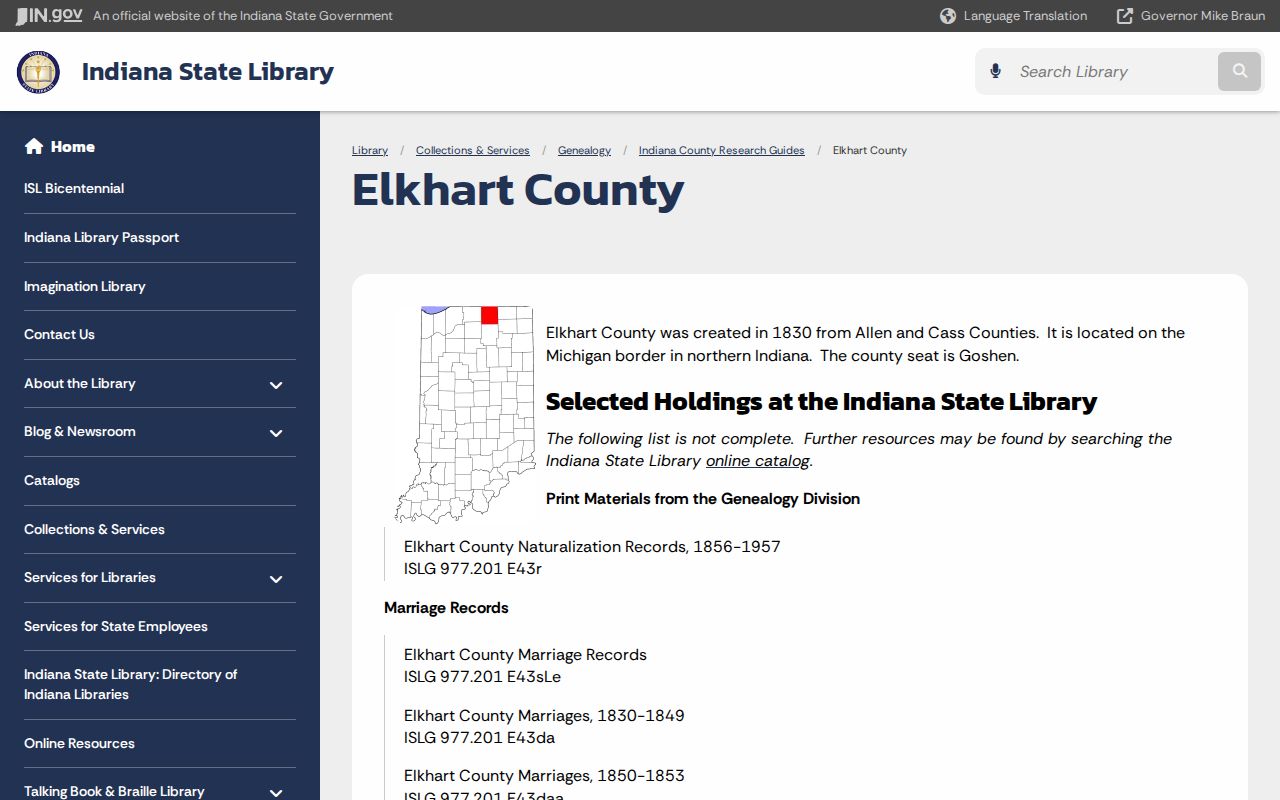 Indiana State Library genealogy guide for Elkhart County historical records
