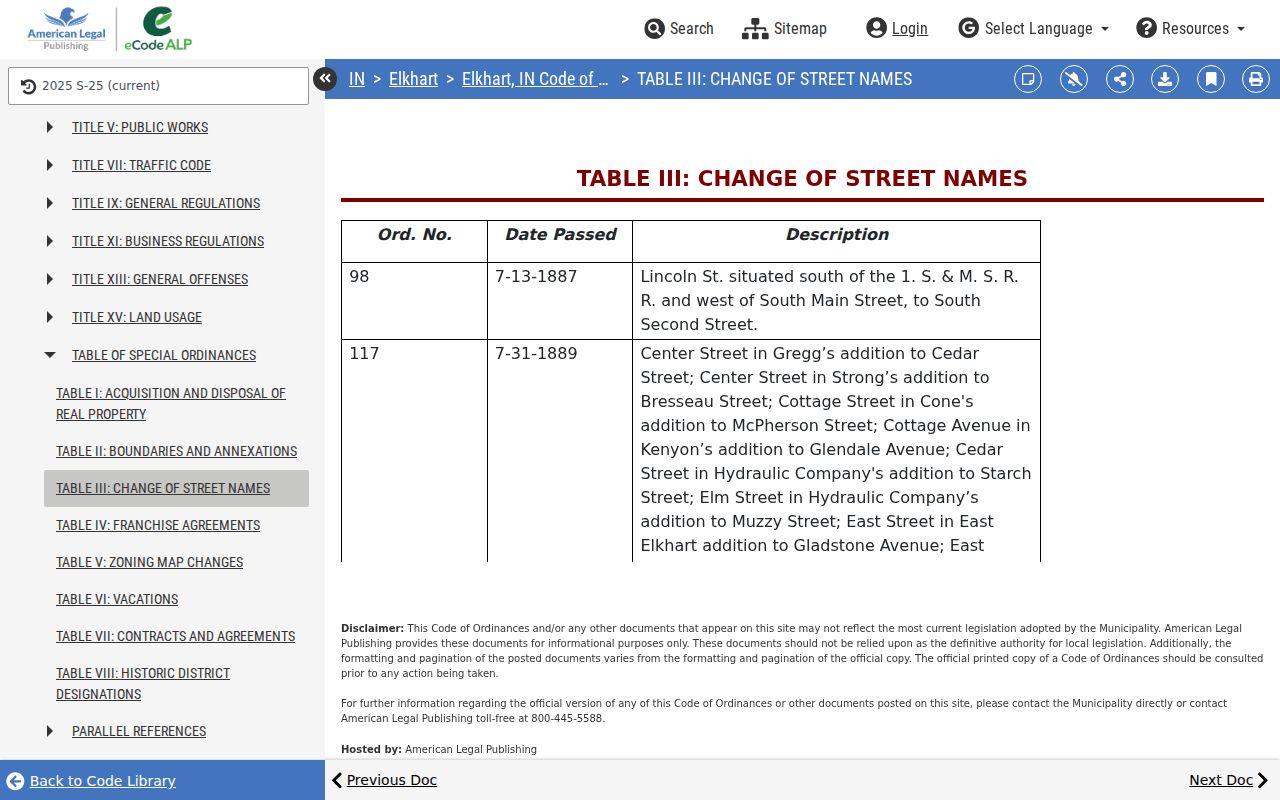 Elkhart municipal code table documenting historical street name changes