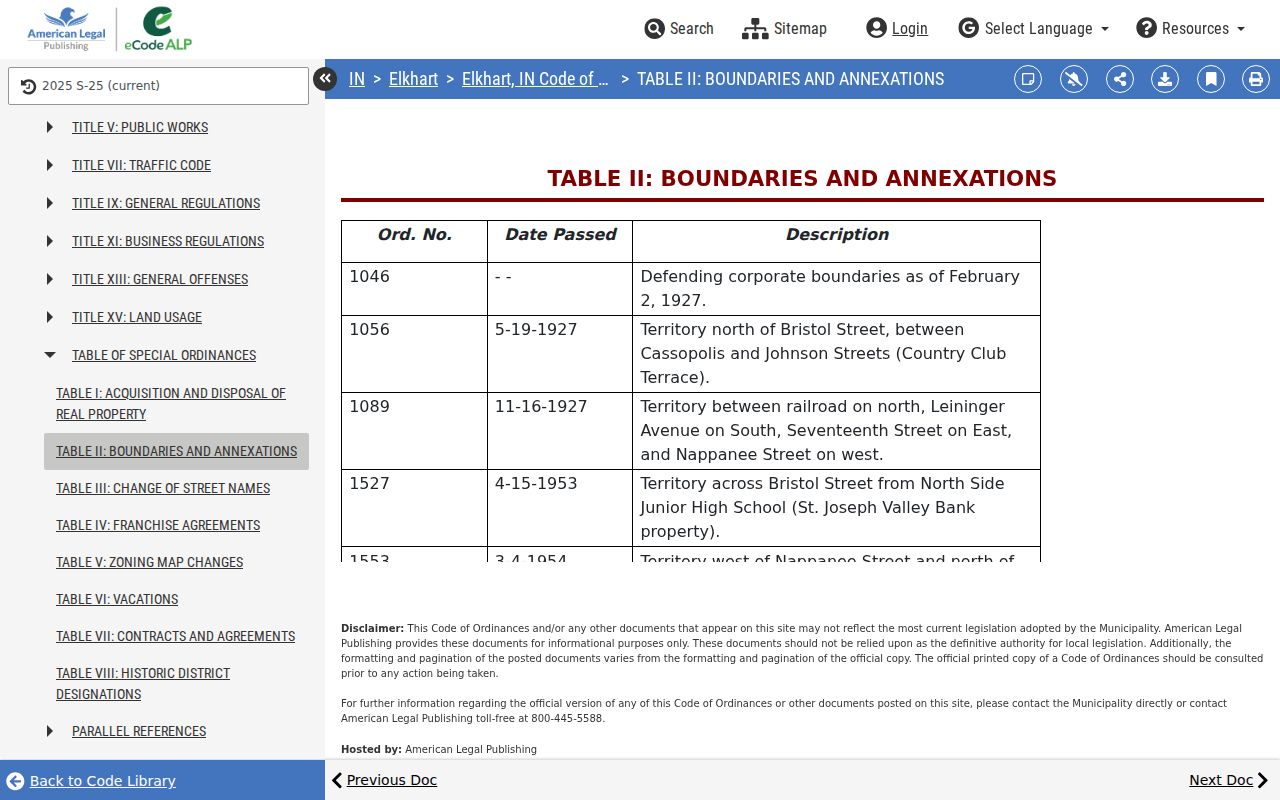Elkhart code table listing city annexation ordinances and dates
