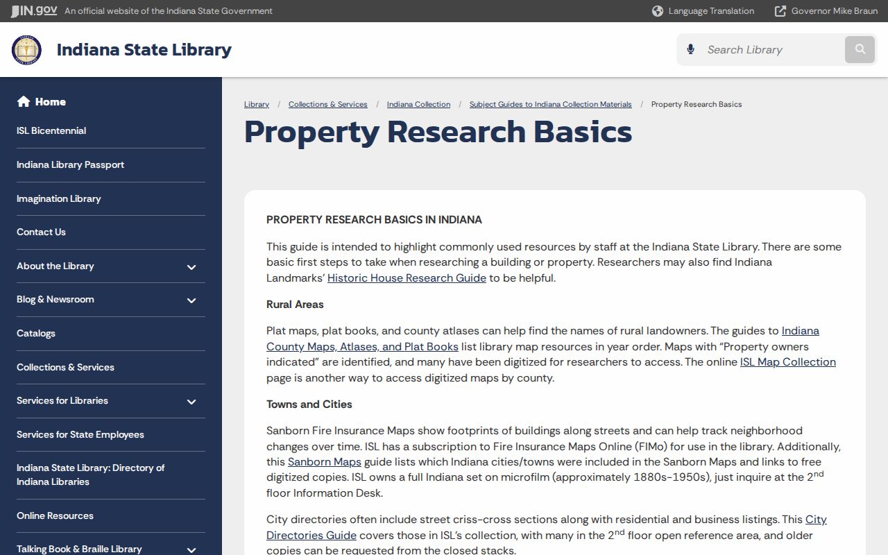 Indiana State Library property research guidance for directories, maps, and house history